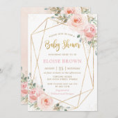 シックな赤面ピンクのフローラ金ゴールド幾何学的ベビーシャワー 招待状 (正面/裏面)