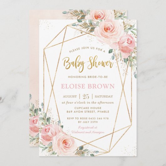 シックな赤面ピンクのフローラ金ゴールド幾何学的ベビーシャワー 招待状 (正面/裏面)