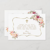 シックな赤面ピンクの花金ゴールドクロスホーリーコミュニオン サンキューカード (正面/裏面)