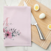 シックな赤面ピンクウォーターカラーフローラモノグラム キッチンタオル (四つ折り)