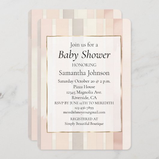 シックな赤面ピンクストライプ色のベビーシャワー 招待状 (正面/裏面)