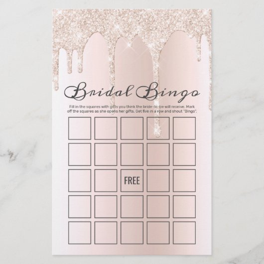 シックな赤面ピンクドリッピンググリッターブライダルビンゴゲーム (正面)