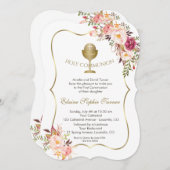 シックな赤面ピンクフローラ金ゴールドチャリスホーリーコミュニオン 招待状 (正面/裏面)