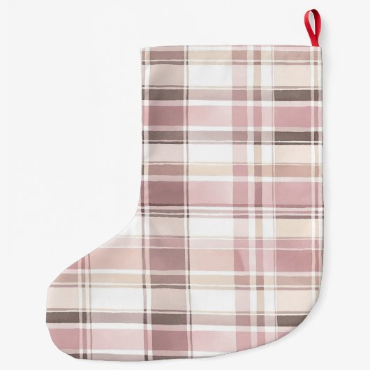 シックな赤面ピンクホワイトクリームプレイドクリスマス ラージクリスマスストッキング (裏面)