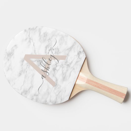 シックな赤面ピンクホワイトマーブルスクリプト名モノグラム 卓球ラケット (横)