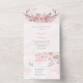 シックな赤面ピンク牡丹セージ鹿〔雄ジカの〕枝角結婚ズ オールインワン招待状 (内側)