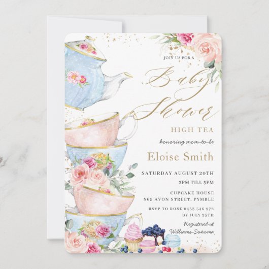 シックな赤面フローラハイティーパーティーベビーシャワー 招待状 (正面)