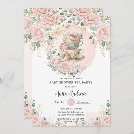シックな赤面フローラハイティーパーティーベビーシャワー 招待状 (正面/裏面)