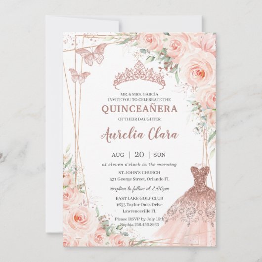 シックな赤面フローラバラ金ゴールドドレスガウンキンセアニラ 招待状 (正面)