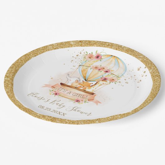 シックな赤面フローラホットエアバルーンベビーアニマル ペーパープレート (アングル)