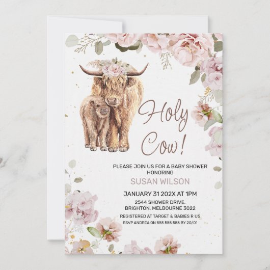 シックな赤面フローラ牛と子牛の赤ちゃんシャワー 招待状 (正面)