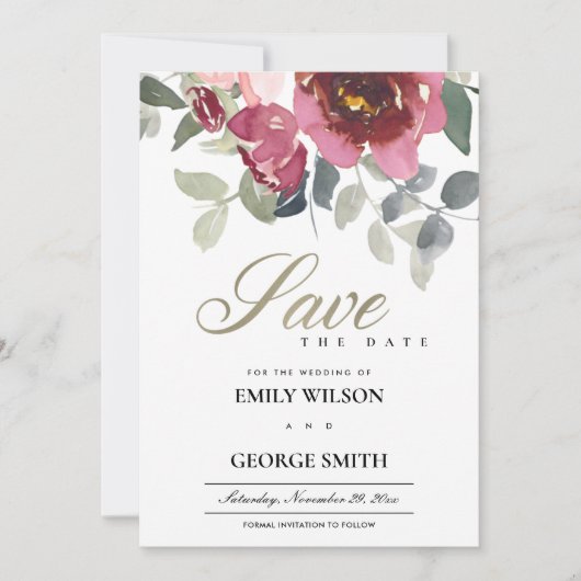 シックな赤面ブルゴーニュバラフローラは日付カードを保存 サンキューカード (正面)