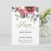 シックな赤面ブルゴーニュバラフローラは日付カードを保存 サンキューカード (スタンド正面)