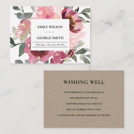 シックな赤面ブルゴーニュ結婚フローラの願い井戸 エンクロージャーカード (正面/裏面)