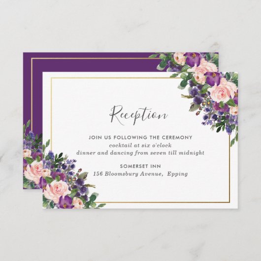 シックな赤面プラムパープルフローラウェディングレセプション エンクロージャーカード (正面/裏面)