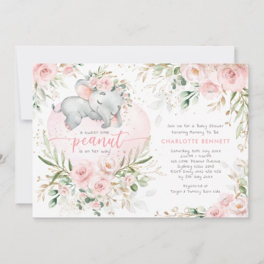 シックな赤面金ゴールドフローラゾウ女の子ベビーシャワー 招待状 (正面)