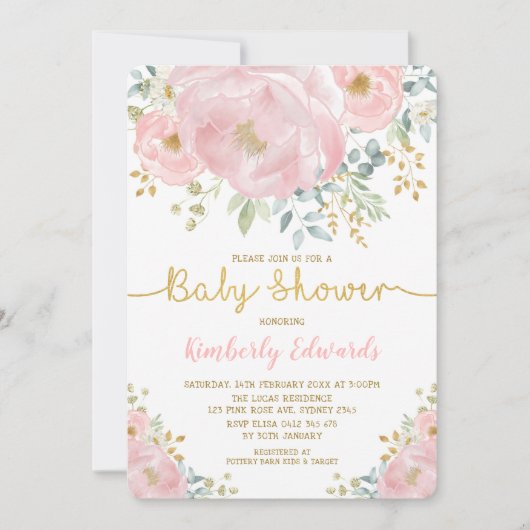 シックな赤面金ゴールド水の色の花ガールベビーシャワー 招待状 (正面)