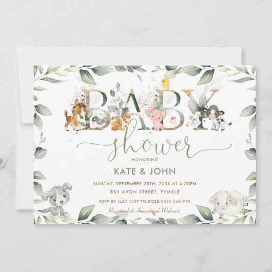 シックな農業動物緑の赤ちゃんシャワーニュートラル 招待状 (正面)