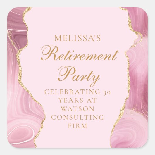 シックな退職パーティーピンク金ゴールドアゲートカスタムト スクエアシール (正面)