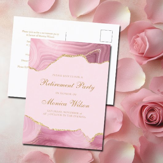 シックな退職パーティーピンク金ゴールドアゲート インビテーションポストカード