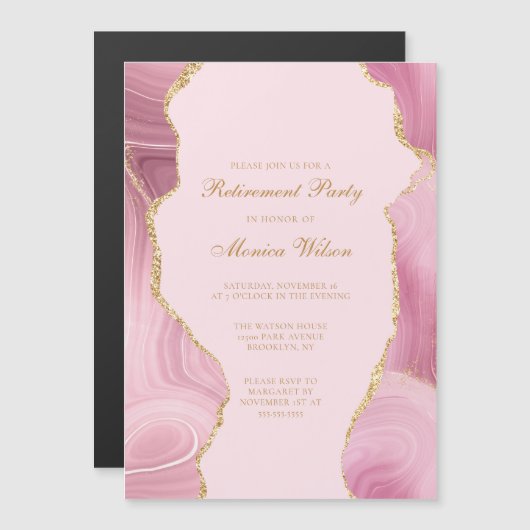 シックな退職パーティーピンク金ゴールドアゲート マグネット招待状 (正面/裏面)