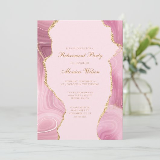 シックな退職パーティーピンク金ゴールドアゲート 招待状 (スタンド正面)