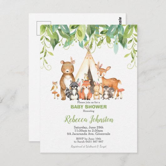 シックな部族の森林の動物の緑の赤ちゃんシャワー ポストカード (正面/裏面)