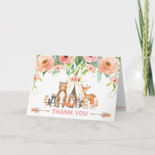 シックな部族の森林の動物ベビーシャワー誕生日 サンキューカード (正面)