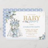 シックな部族ブルーフローラゾウ少年ベビーシャワー 招待状 (正面/裏面)