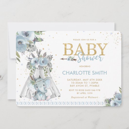シックな部族ブルーフローラゾウ少年ベビーシャワー 招待状 (正面)