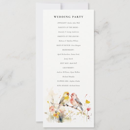 シックな野性の植物性の愛の鳥の結婚プログロム 招待状 (裏面)