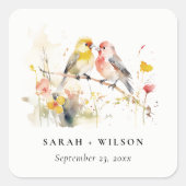 シックな野生の植物水の色ラブバード結婚ズ スクエアシール (正面)