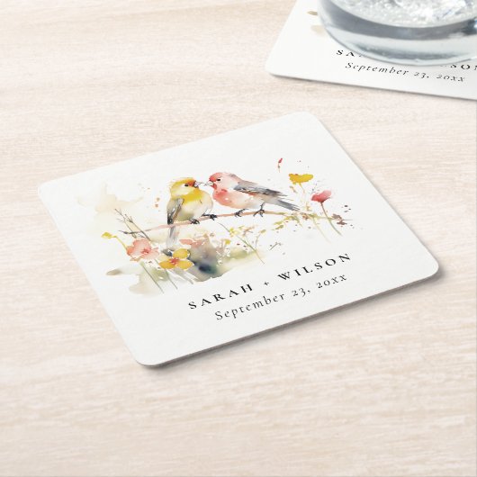シックな野生の植物水の色ラブバード結婚ズ スクエアペーパーコースター (アングル)