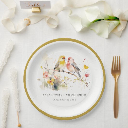 シックな野生の植物水の色ラブバード結婚ズ ペーパープレート (ウェディング)
