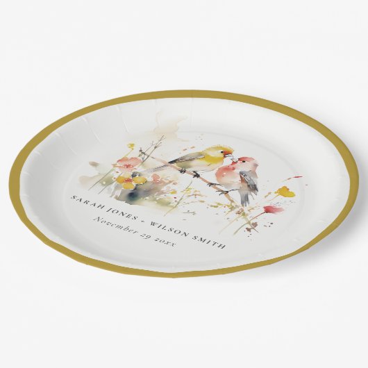 シックな野生の植物水の色ラブバード結婚ズ ペーパープレート (アングル)