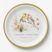 シックな野生の植物水の色ラブバード結婚ズ ペーパープレート (正面)