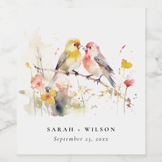 シックな野生の植物水の色ラブバード結婚ズ ワインラベル (シングルラベル)