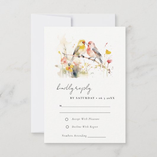 シックな野生の植物水の色ラブバード結婚ズ 出欠カード (正面)