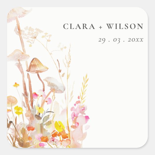 シックな野生の花キノコ秋の植物結婚式 スクエアシール (正面)