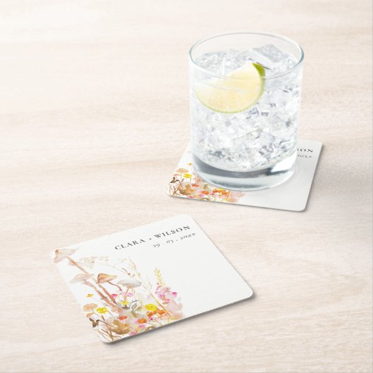 シックな野生の花キノコ秋の植物結婚式 スクエアペーパーコースター (インサイチュ)