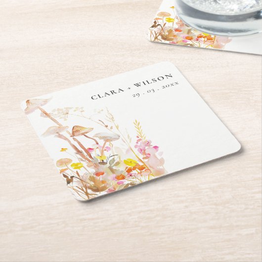 シックな野生の花キノコ秋の植物結婚式 スクエアペーパーコースター (アングル)