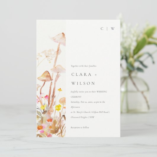 シックな野生の花キノコ秋の植物結婚式 招待状 (スタンド正面)