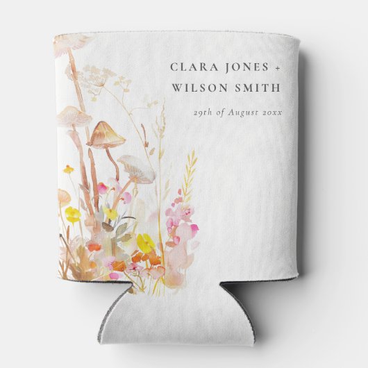 シックな野生の花キノコ秋の植物結婚式 缶クーラー (裏面)