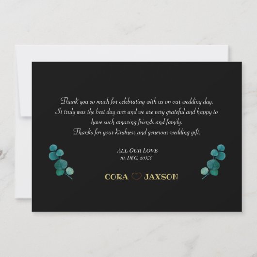 シックな金ゴールドおよび黒い書道の結婚式は感謝していしています サンキューカード (裏面)