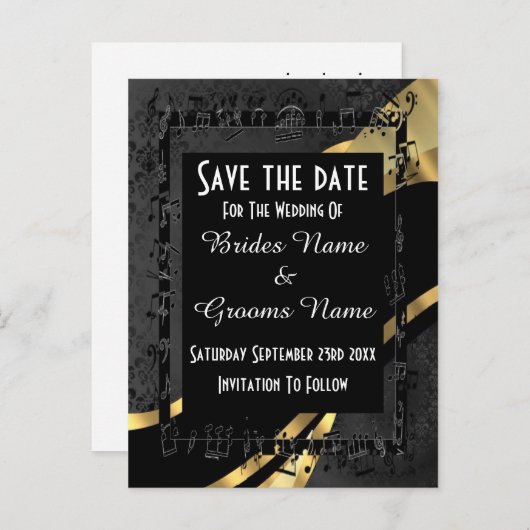 シックな金ゴールドとブラックダマスクは日付を保存 案内ポストカード (正面/裏面)