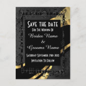 シックな金ゴールドとブラックダマスクは日付を保存 案内ポストカード (正面)