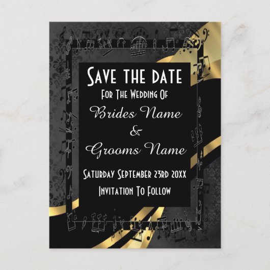シックな金ゴールドとブラックダマスクは日付を保存 案内ポストカード (正面)