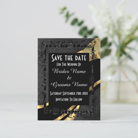 シックな金ゴールドとブラックダマスクは日付を保存 案内ポストカード (スタンド正面)