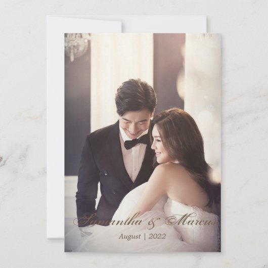 シックな金ゴールドとホワイトメフェイクタルフローラフォト結婚ズ サンキューカード (裏面)