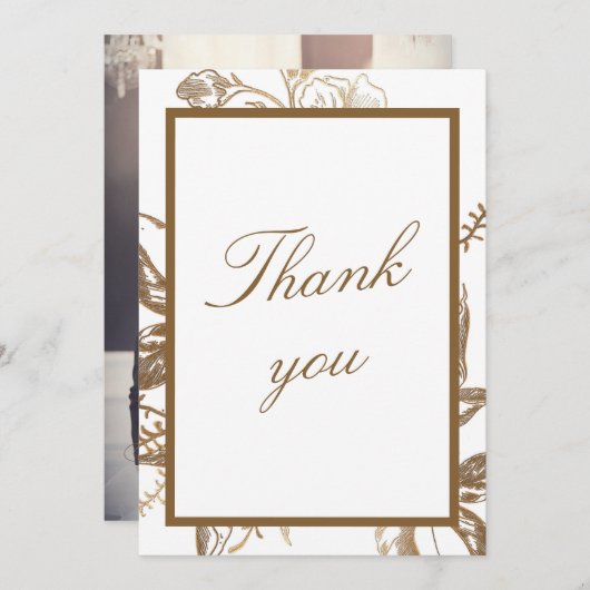 シックな金ゴールドとホワイトメフェイクタルフローラフォト結婚ズ サンキューカード (正面/裏面)